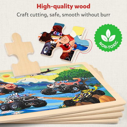 SYNARRY Large Wooden Monster Truck Puzzles for Kids Gift Box(12.2*9.4 in) - FSC Certified, 24 Piece