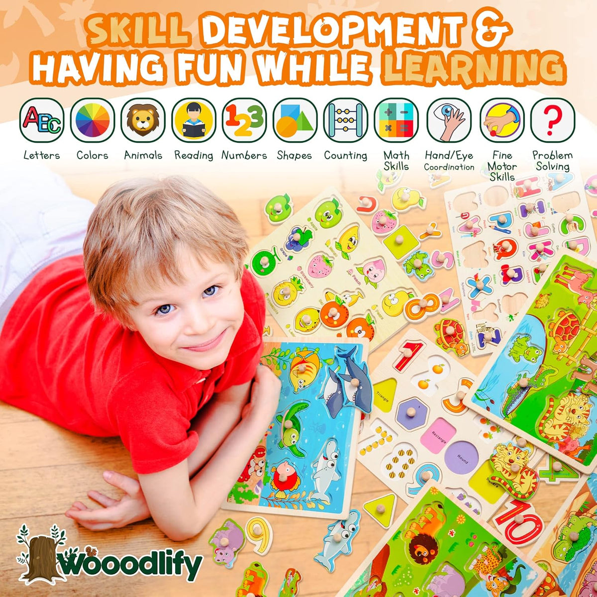 7 Pack Wooden Puzzles for Toddlers 2 3 4 5 Years Old - 7 Colorful Chunky Wood Peg Puzzles for Kids
