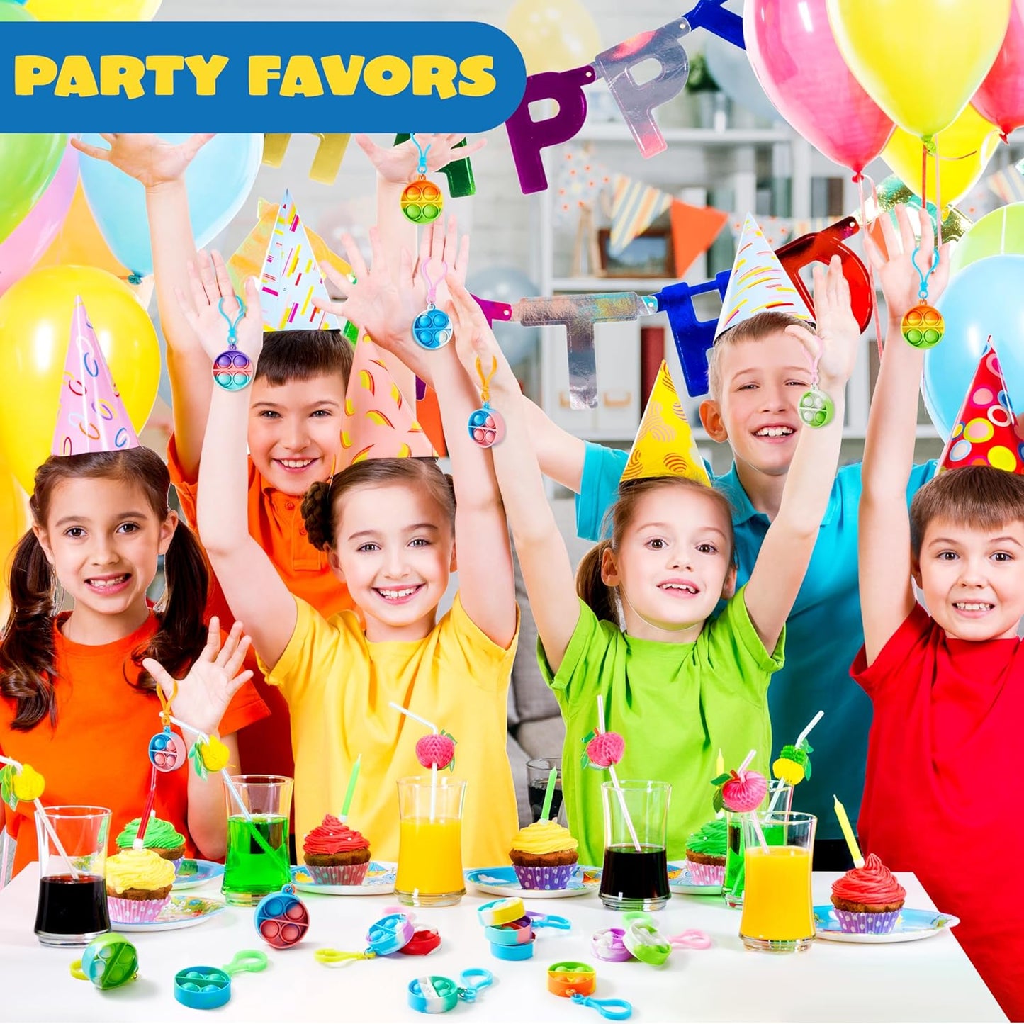 JOYIN Round Pop Fidget Keychain Mini Fidget Toys Bulk 90 Pack Party Favors for Kids 4-8,8-12 Years