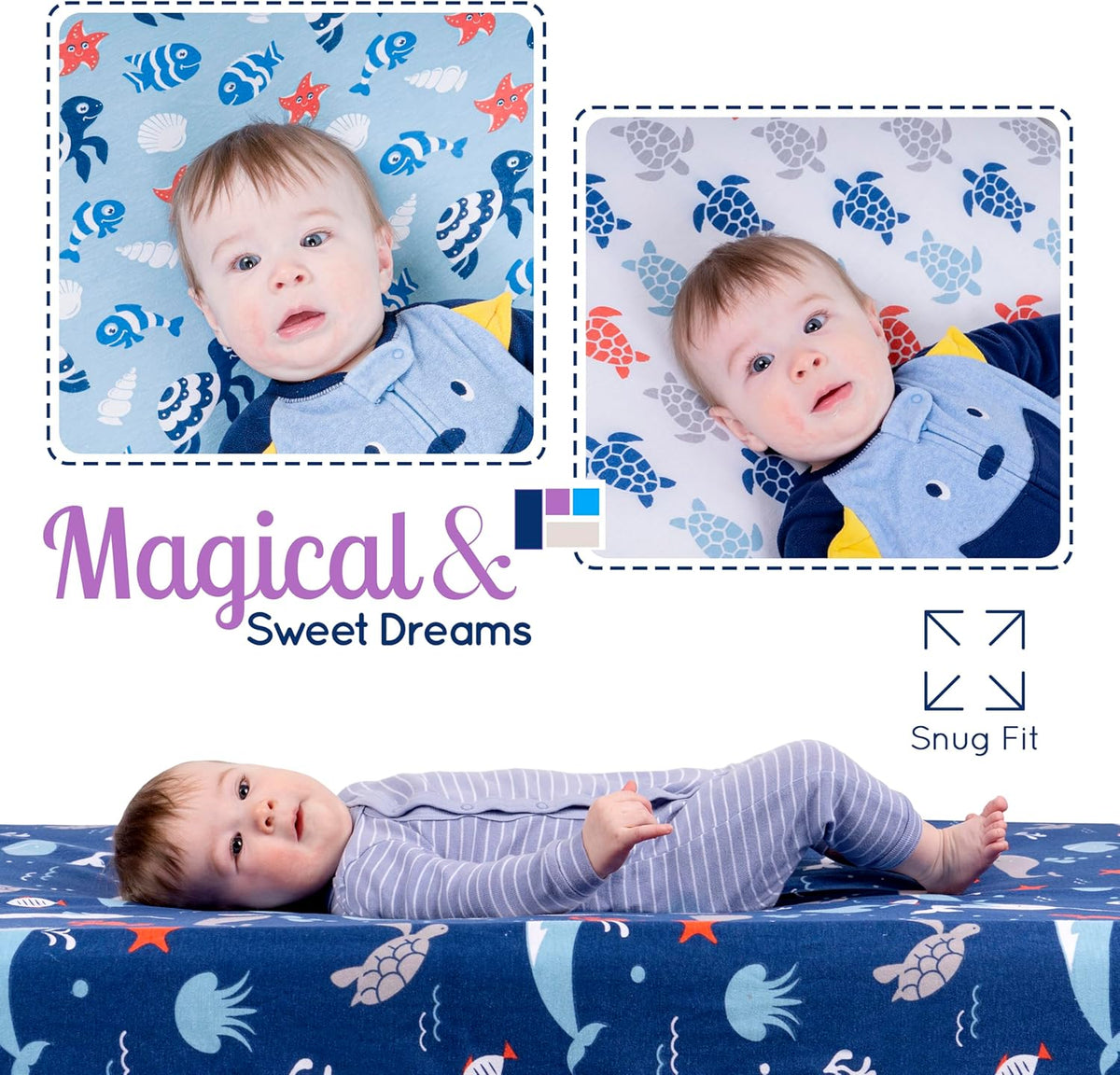 GROW WILD Blue Ocean Baby Crib Sheets for Boys (3 Pack) - Jersey Knit Fitted Sheet (52" x 28")