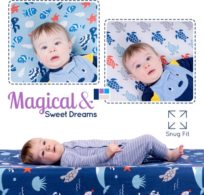 GROW WILD Blue Ocean Baby Crib Sheets for Boys (3 Pack) - Jersey Knit Fitted Sheet (52" x 28")