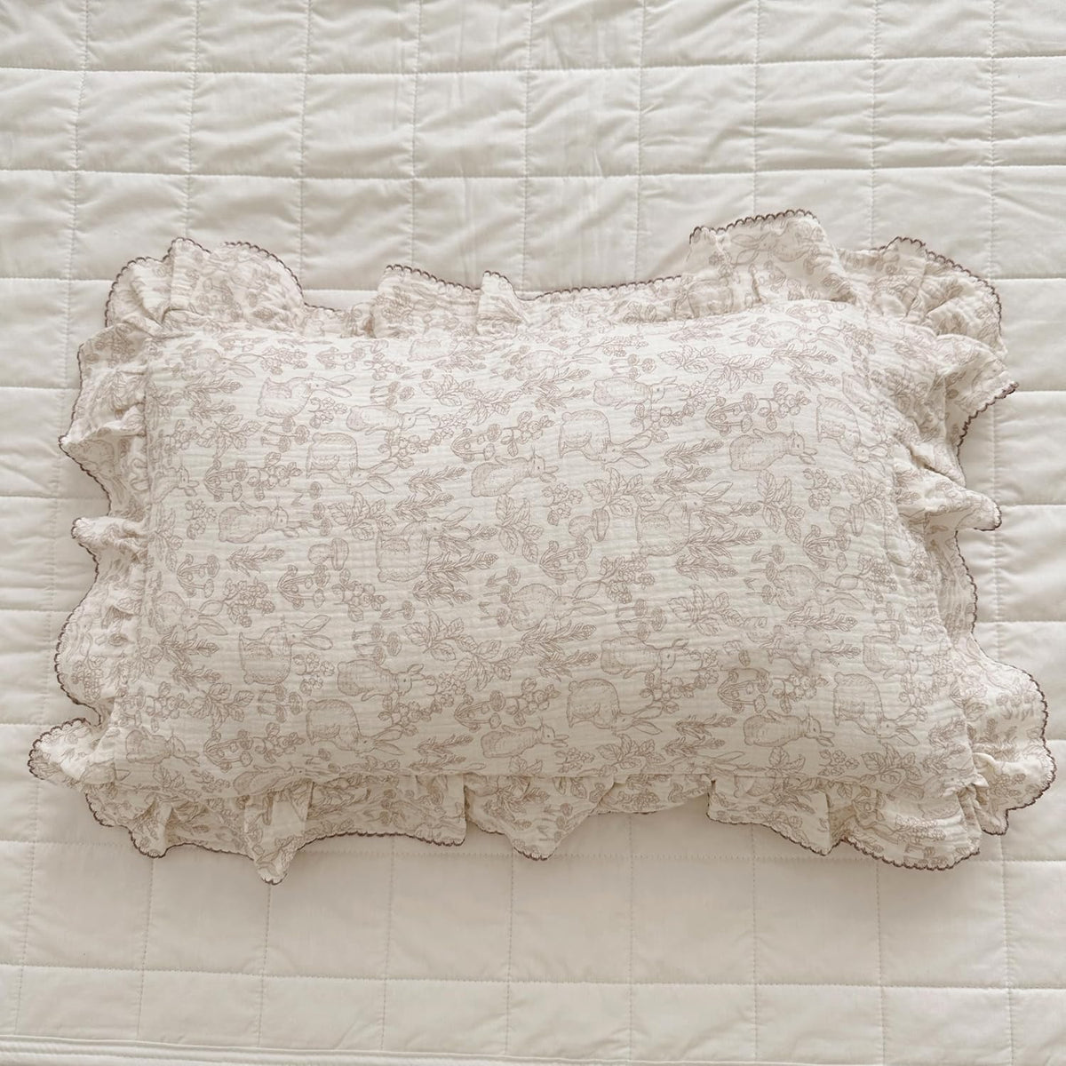 BuLuTu Muslin Cotton Pillowcase King Pillow Cover for Kids Adults Cute Rabbits Flower Pattern