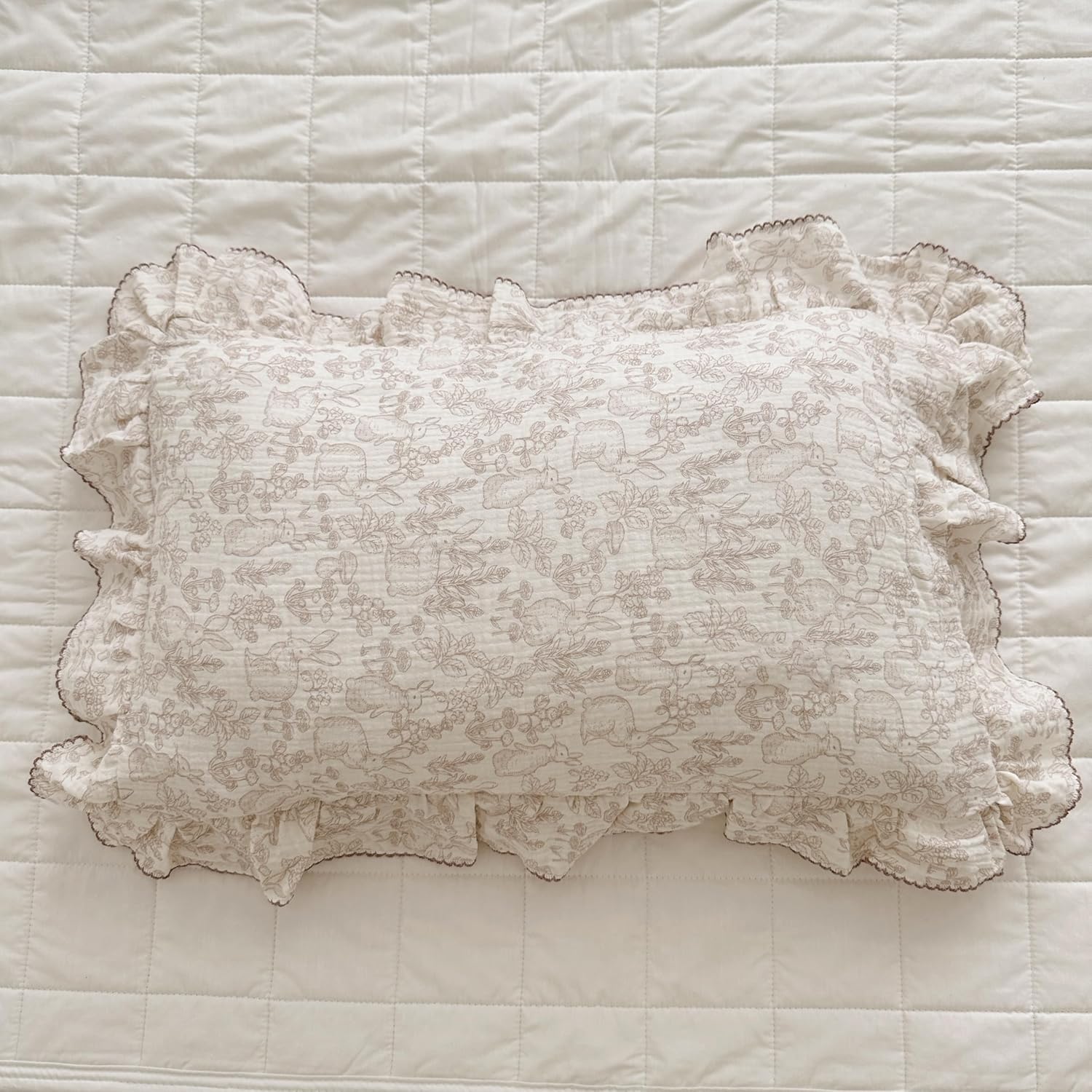 BuLuTu Muslin Cotton Pillowcase King Pillow Cover for Kids Adults Cute Rabbits Flower Pattern
