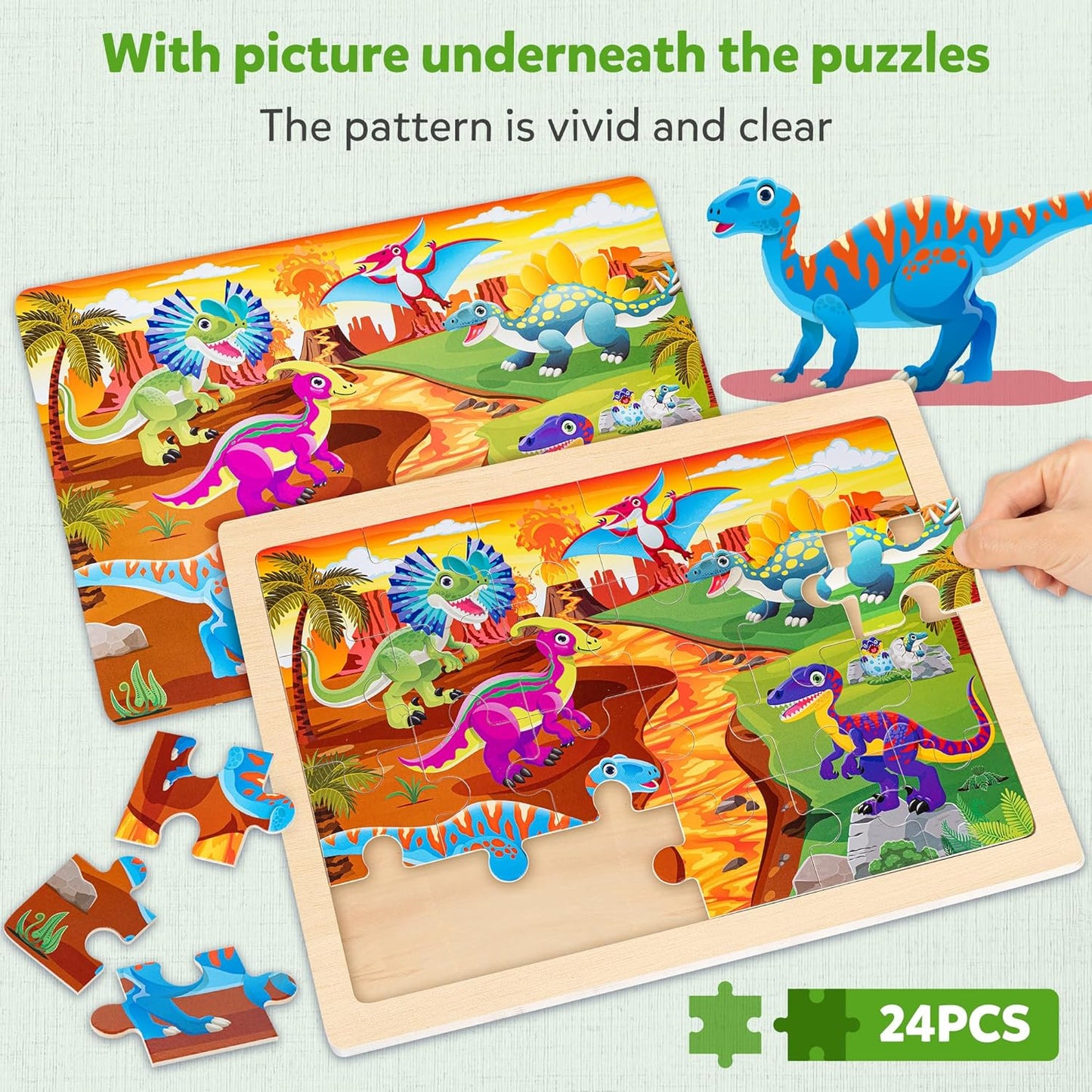 SYNARRY Large Wooden Dinosaur Puzzles for Toddlers 2-4, Wood Dino Puzzles for Kids Ages 4-6