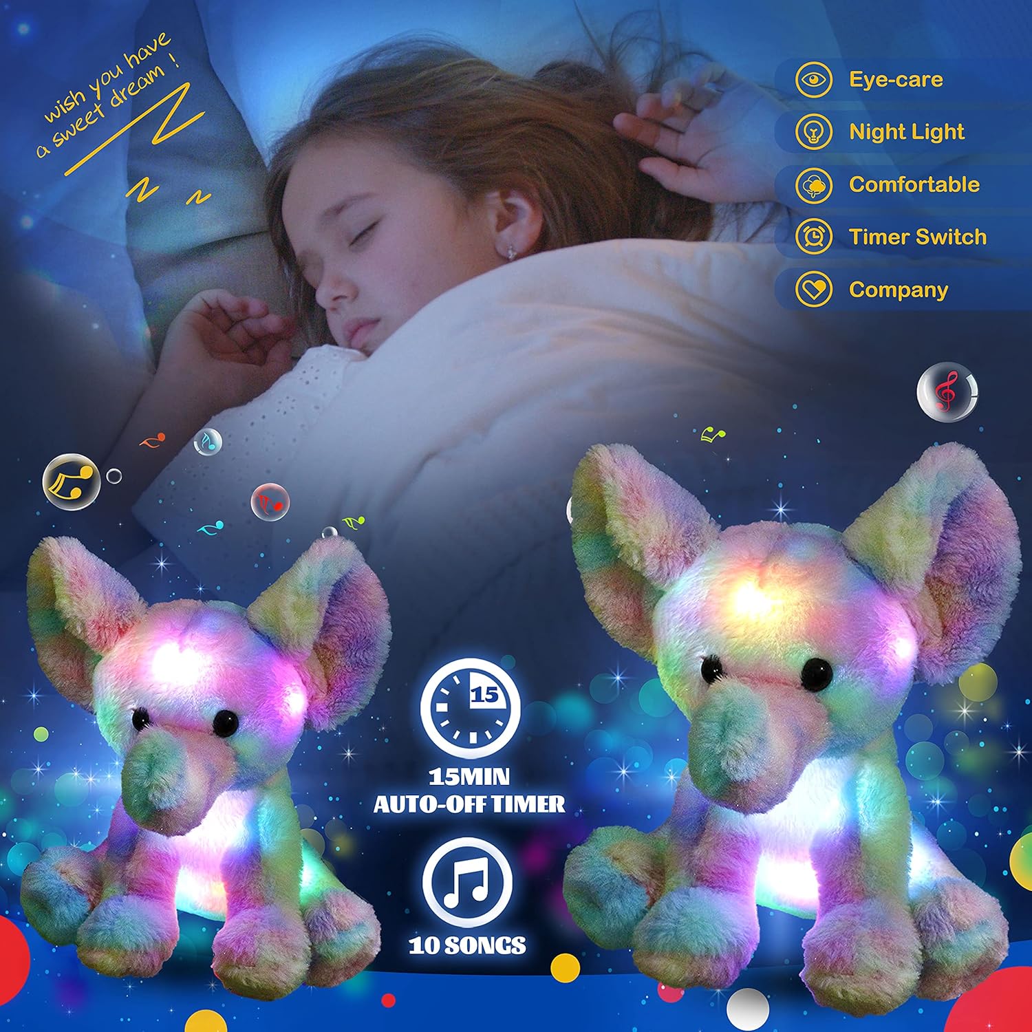 Glow Guards 12'' Musical Light up Rainbow Elephant Stuffed Animal,LED Singing Soft Wildlife Animal
