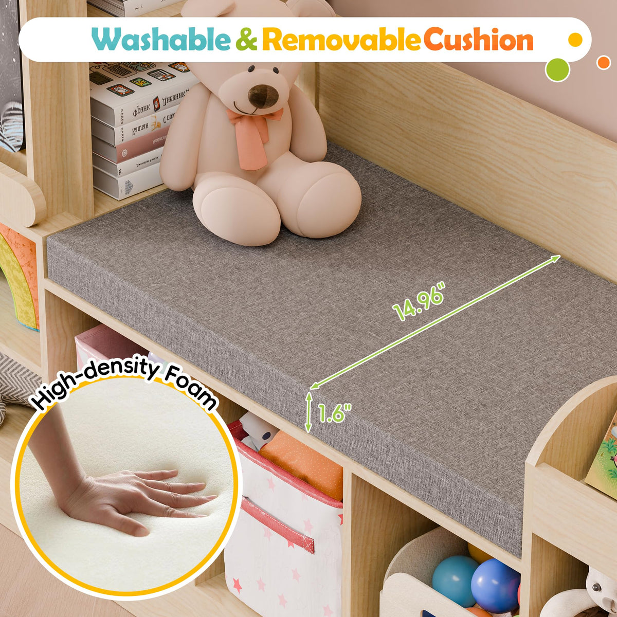 MU Kids Bookshelf with Reading Nook, Wooden Toy Storage Organizer with Chalkboard and Bench, Kids