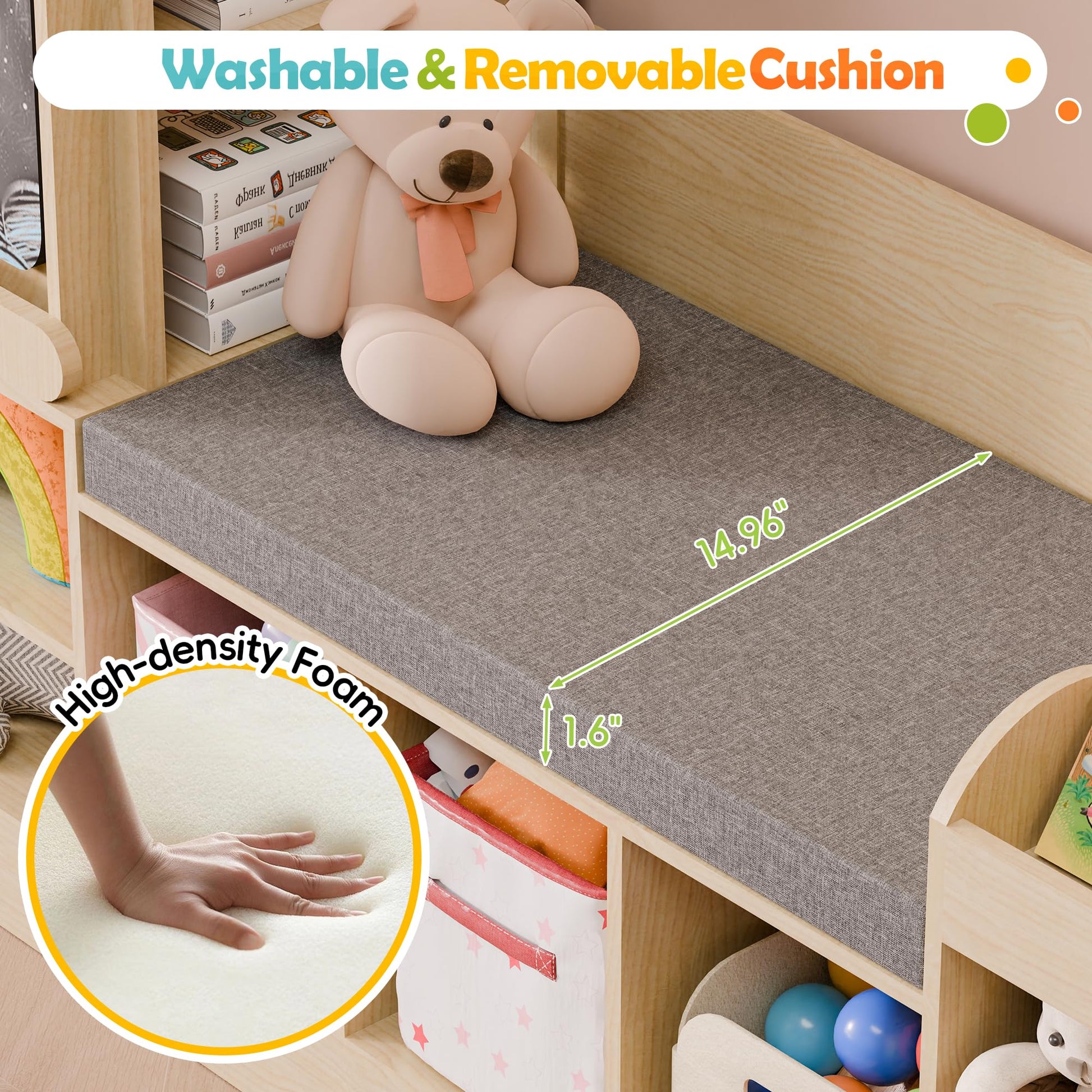 MU Kids Bookshelf with Reading Nook, Wooden Toy Storage Organizer with Chalkboard and Bench, Kids