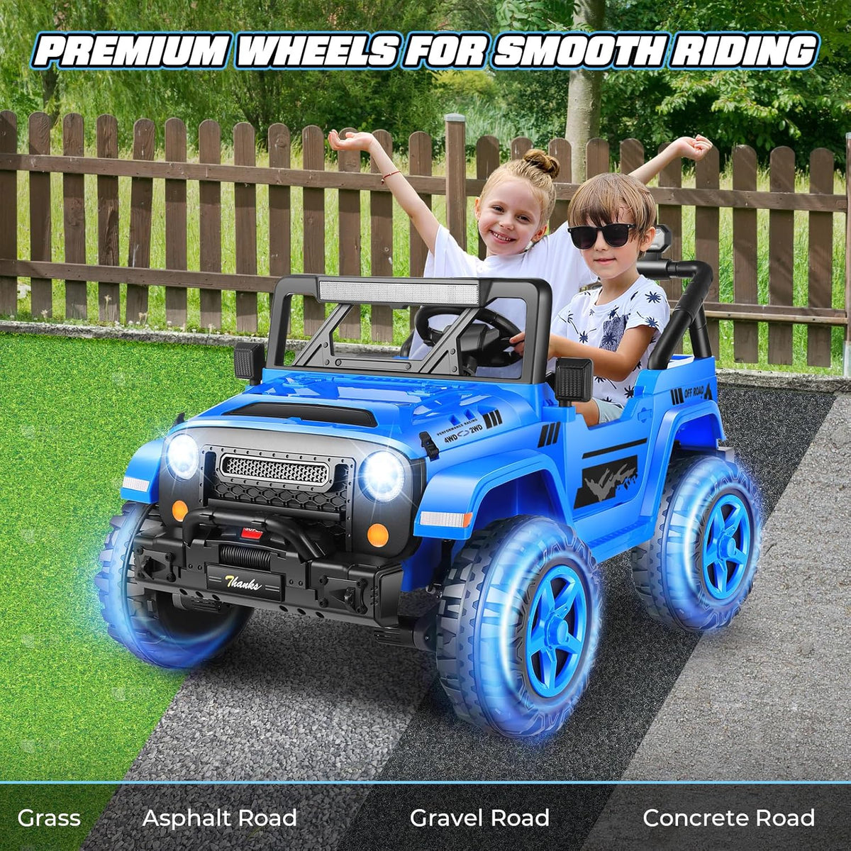 Hikole 24V Kids Ride on Car - 2 Seater, 4WD/2WD Switch, 4x200W Motor, Remote Control, 3 Speeds, LED