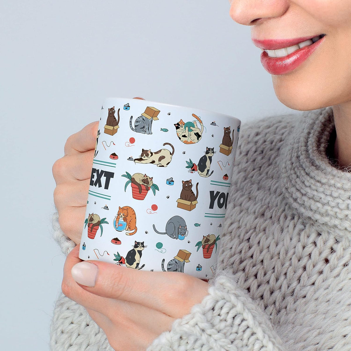 Personalized Mug for Kids - Cats - Custom Name/Text, Ceramic Hot Chocolate/Cocoa/Coffee Cup for