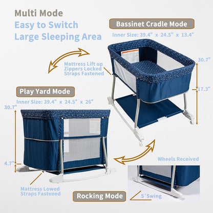 Newborn Portable Bassinet on Wheels for Baby 3 in 1 Bedside Sleeper Rocking Crib Playard with