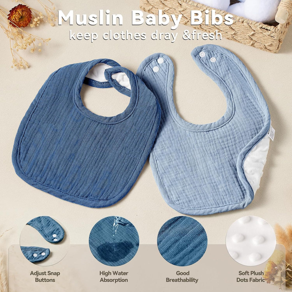 Muslin Baby Bibs for Unisex Boys Girls, Cotton Drool Bibs, Adjustable Newborn Bibs for Drooling and