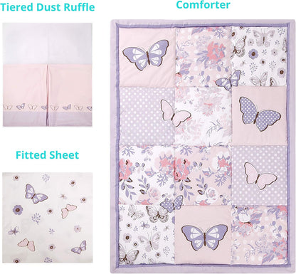 La Premura 3-Piece Purple Butterfly Baby Crib Bedding Set for Girls, Lilac Standard Size Crib Set