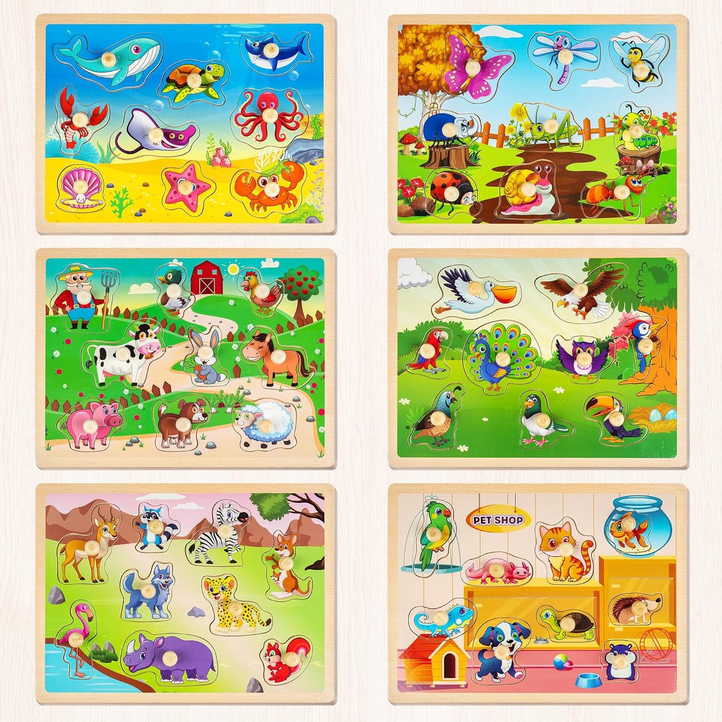 SYNARRY Wooden Puzzles for Toddlers 1-3, 6XSET Animals Puzzles for Toddlers 2-4 with Rack, Toddler