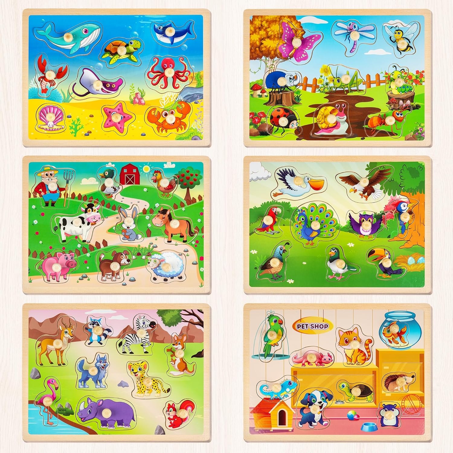 SYNARRY Wooden Puzzles for Toddlers 1-3, 6XSET Animals Puzzles for Toddlers 2-4 with Rack, Toddler