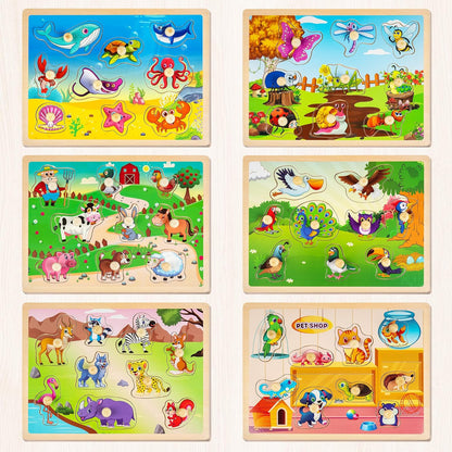 SYNARRY Wooden Puzzles for Toddlers 1-3, 6XSET Animals Puzzles for Toddlers 2-4 with Rack, Toddler