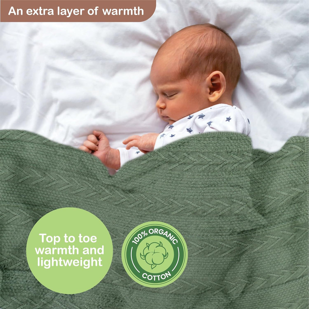 Organic Cotton Baby Blanket - 31.5 x 43.3 Inches, Soft Knitted Crib Blanket for Boys & Girls