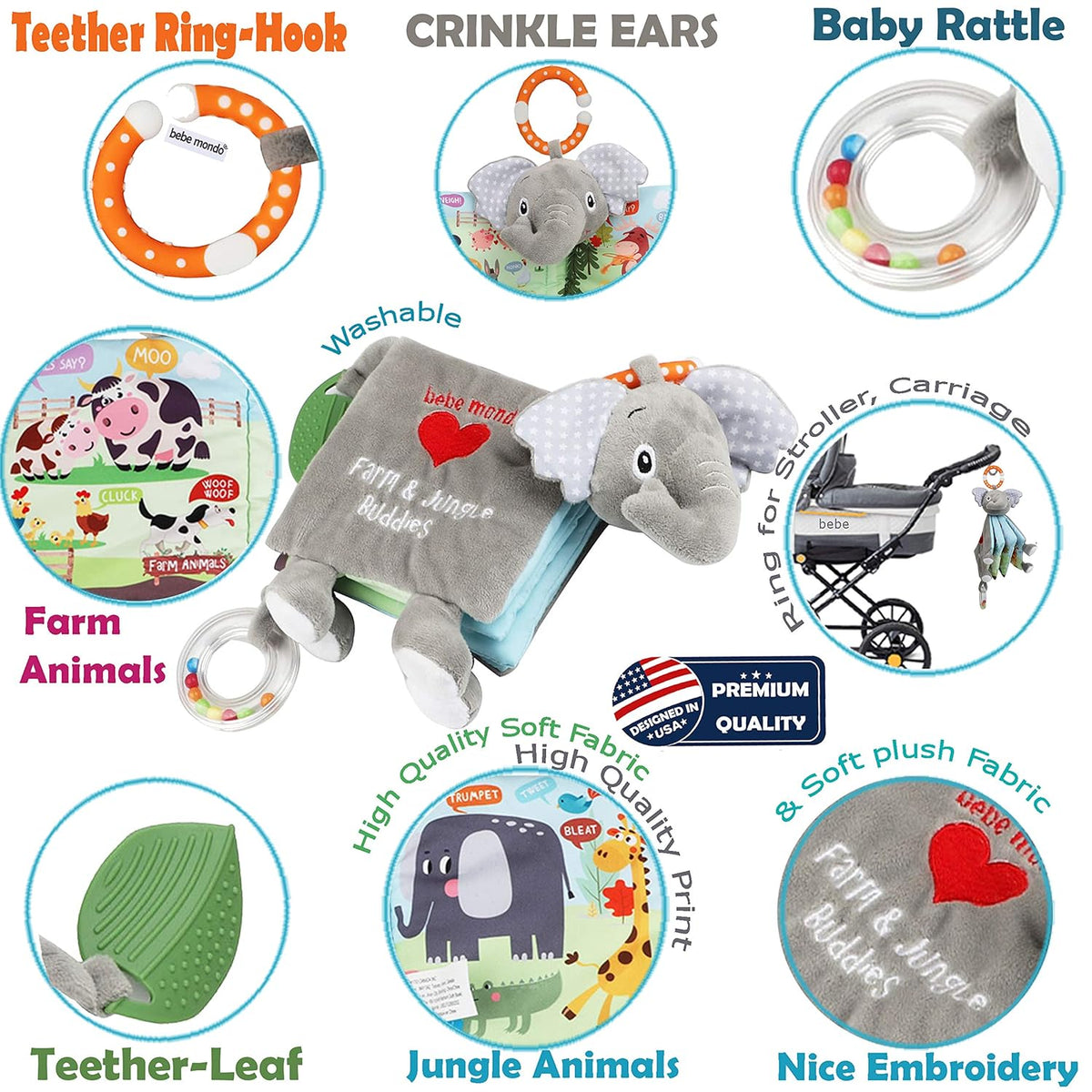 Elephant Touch and Feel Baby Books Toys 0-6 Months, Loveys Crinkle Books for Babies,Infant Toys