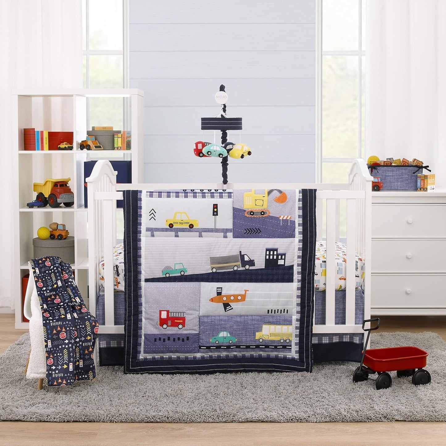 NoJo Transportation Trails Navy, Yellow, and Red Fire Engine, Cars, and Taxi Plush Musical Mobile
