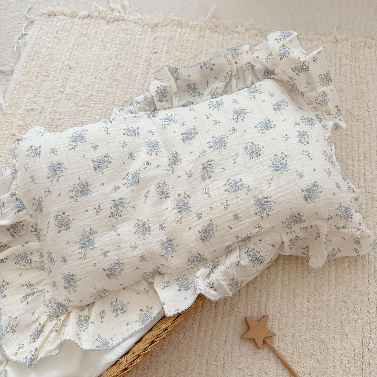 BuLuTu Muslin Cotton Kids Pillowcases for Girls Boys Shabby Chic Blue Floral Print Pillow Case