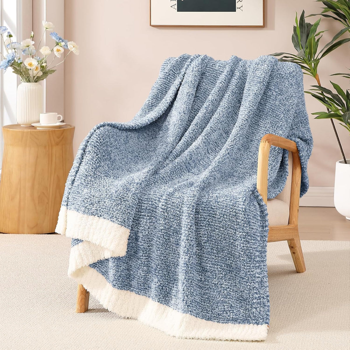 WRENSONGE Throw Blanket Cationic Dyeing Blue Soft Cozy Fluffy Warm Hand Made Throw Blankets for