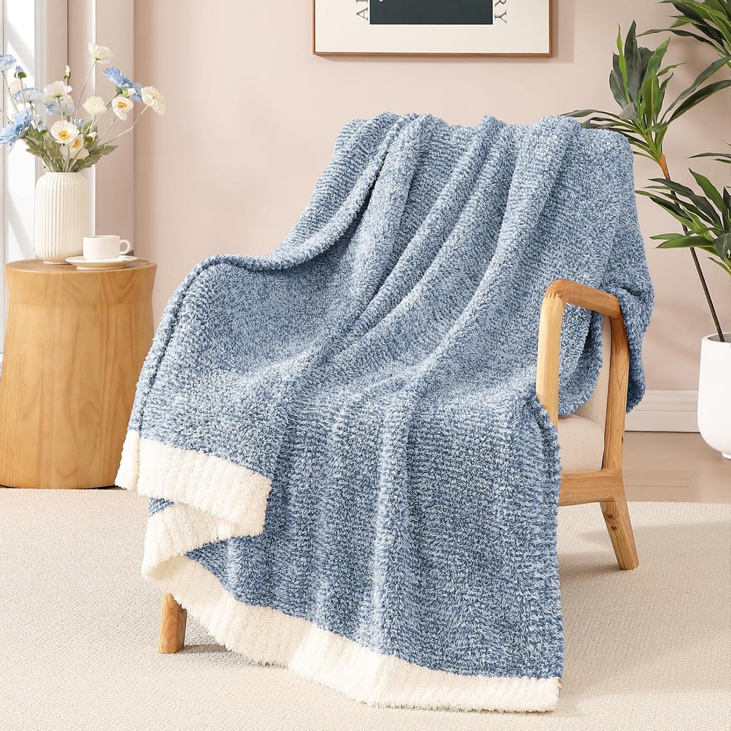 WRENSONGE Throw Blanket Cationic Dyeing Blue Soft Cozy Fluffy Warm Hand Made Weave Throw Blankets