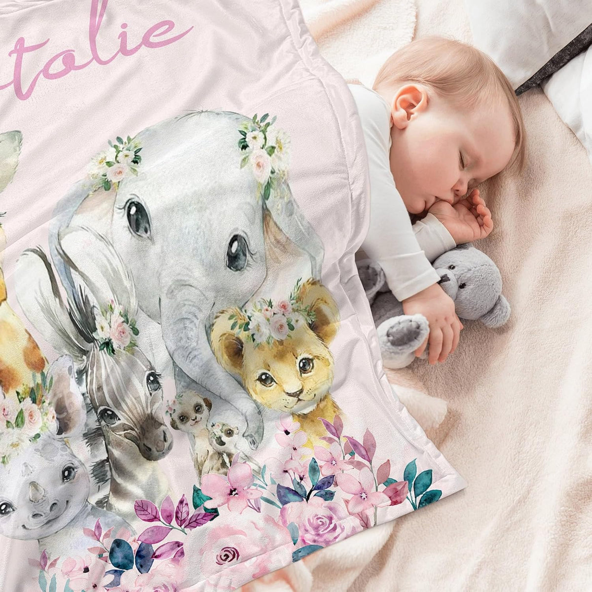 Personalized Baby Blanket with Name Custom Animals Blanket for Infant Toddler Newborn Customized