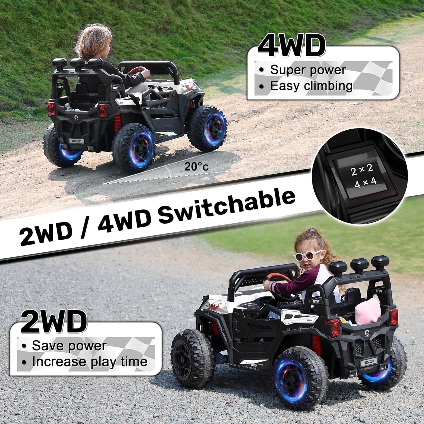 ANPABO 24V 4X4 Ride on Car Truck w/Remote Control, 4WD/2WD Switchable Kids UTV, 19" Spacious Seat