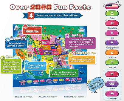 V2 Interactive Kids Map Bilingual United States Map for Kids Learning, Educational Talking USA Map