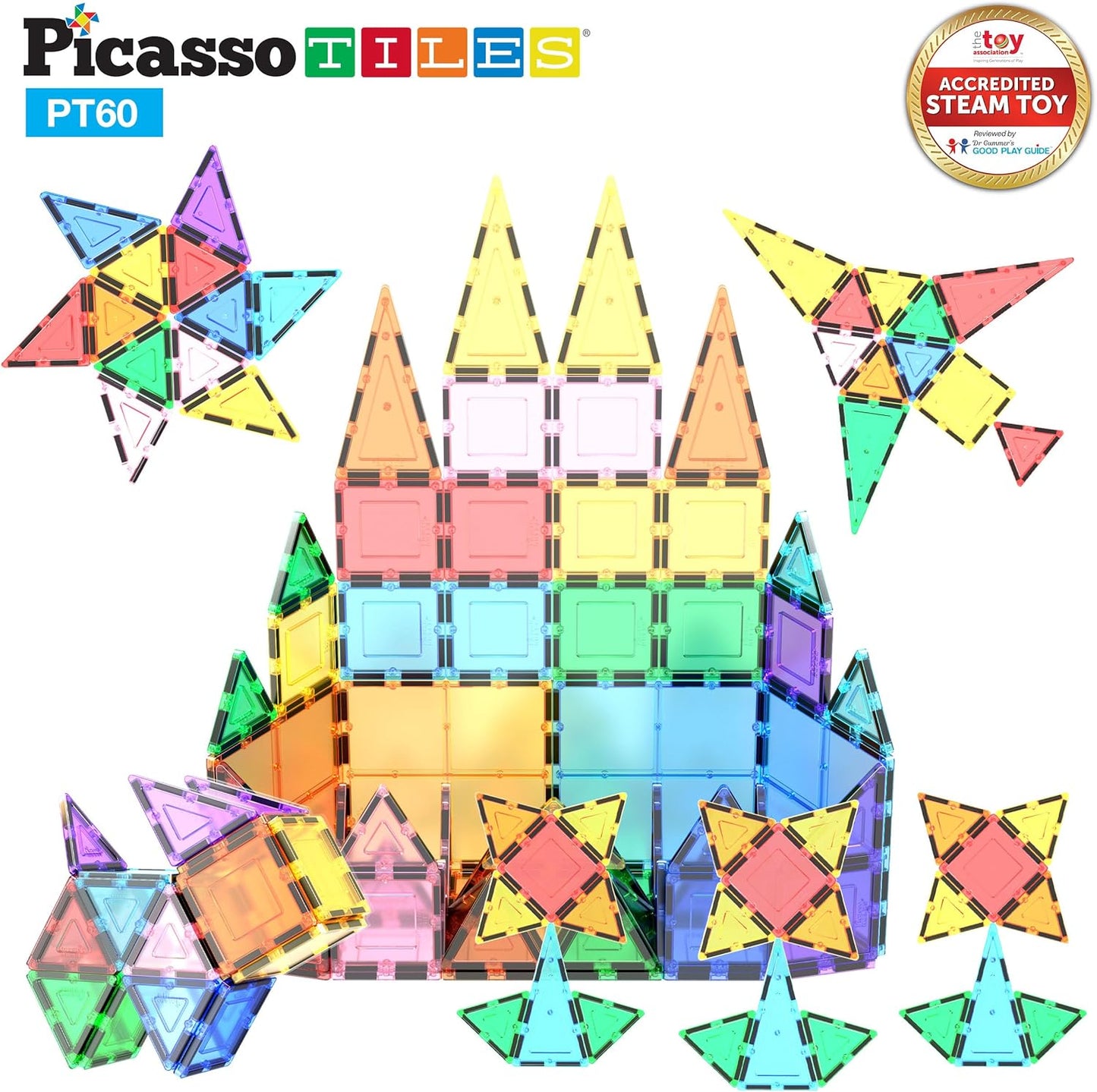 PicassoTiles 60 Piece Set 60pcs Magnet Building Tiles Clear Magnetic 3D Blocks Construction