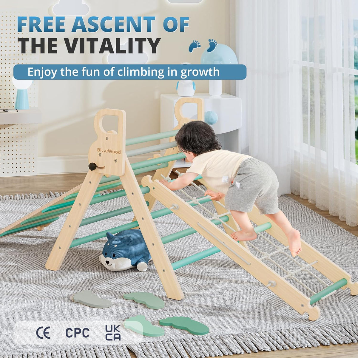 BlueWood 10-in-1 Pikler Triangle Set, Toddler Climbing Toys Indoor, Montessori Climber, Baby Jungle