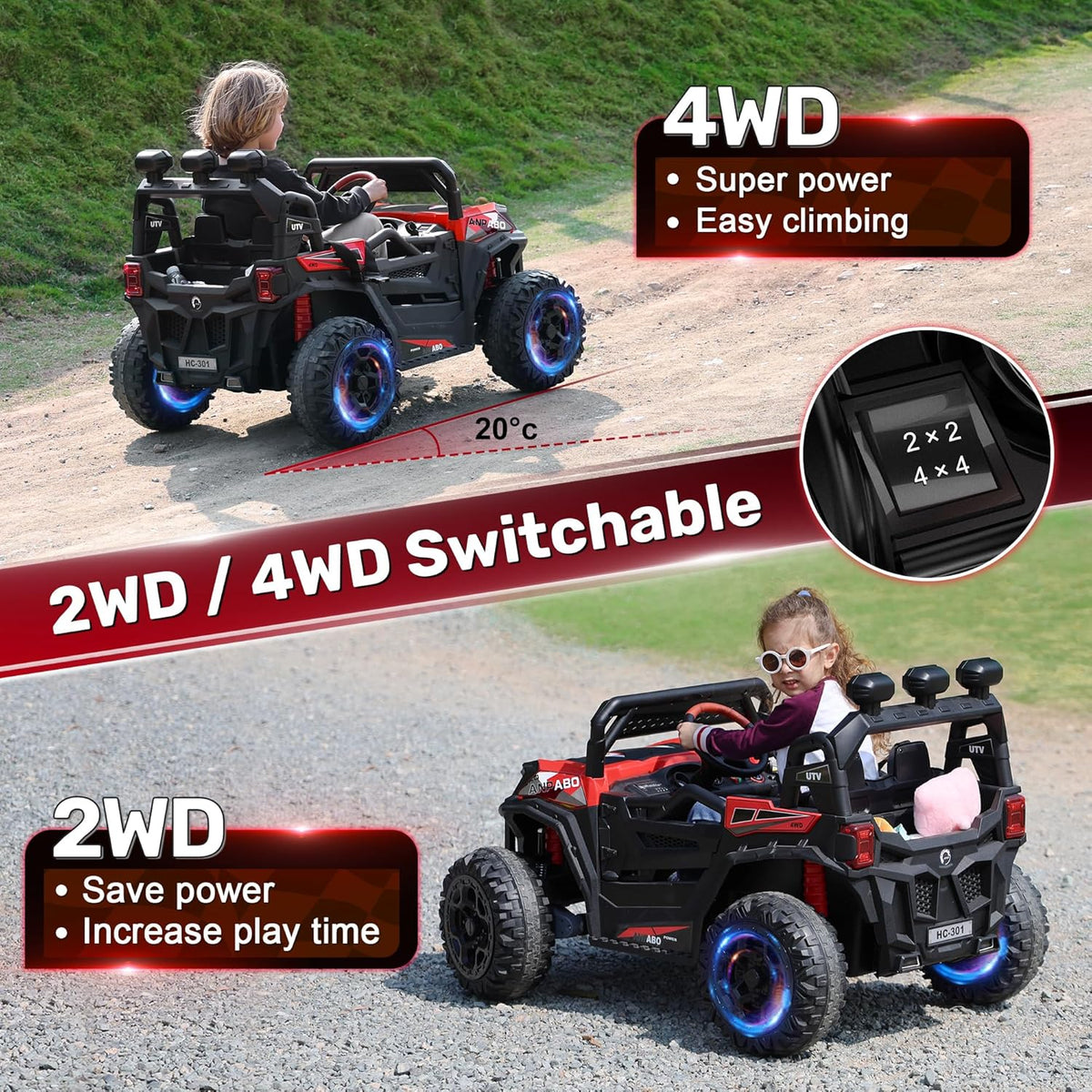 ANPABO 24V 4X4 Ride on Car Truck w/Remote Control, 4WD/2WD Switchable Kids UTV, 19" Spacious Seat