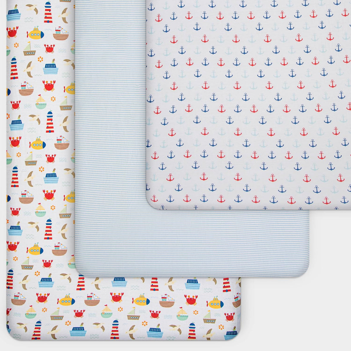 GROW WILD Nautical & Ships Baby Crib Sheets for Boys (3 Pack) - Jersey Knit Fitted Sheet (52" x