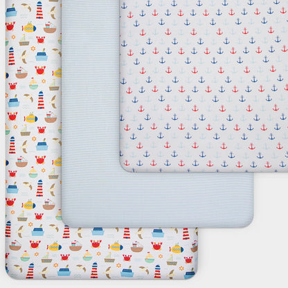 GROW WILD Nautical & Ships Baby Crib Sheets for Boys (3 Pack) - Jersey Knit Fitted Sheet (52" x