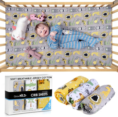 Fitted Nautical Crib Sheets (3 Pack) by GROW WILD - Jersey Knit Cotton Crib Sheet for Boys, Toddler