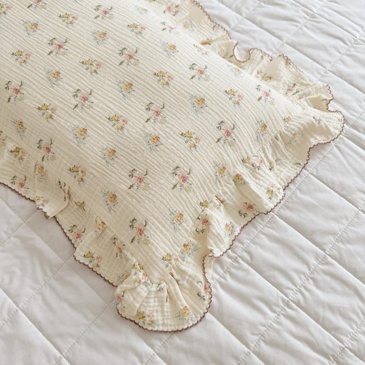 BuLuTu Double Layers Muslin Cotton Pillowcase King Size Vintage Floral Print Pillow Case Teens