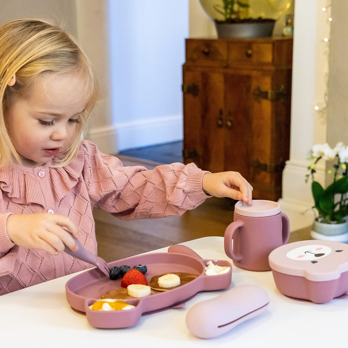 Baby Cutlery with Case - Baby Spoon & Fork Set, Self Feeding Cutlery, Silicone, 6+ Months, Pink