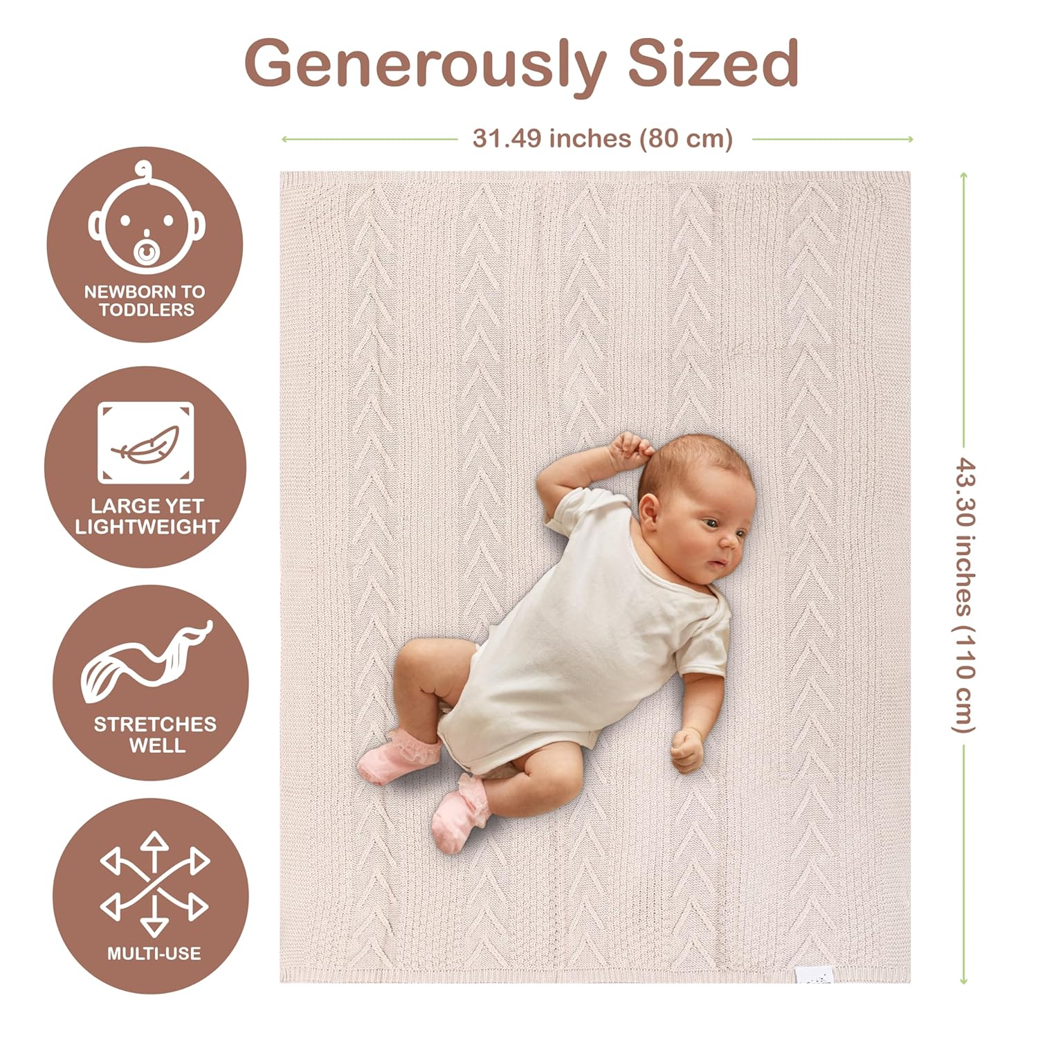 Organic Cotton Baby Blanket - 31.5 x 43.3 Inches, Soft Knitted Crib Blanket for Boys & Girls