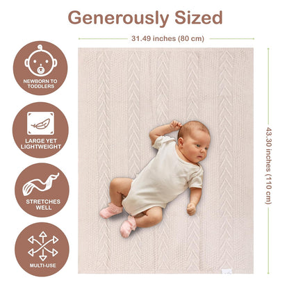 Organic Cotton Baby Blanket - 31.5 x 43.3 Inches, Soft Knitted Crib Blanket for Boys & Girls