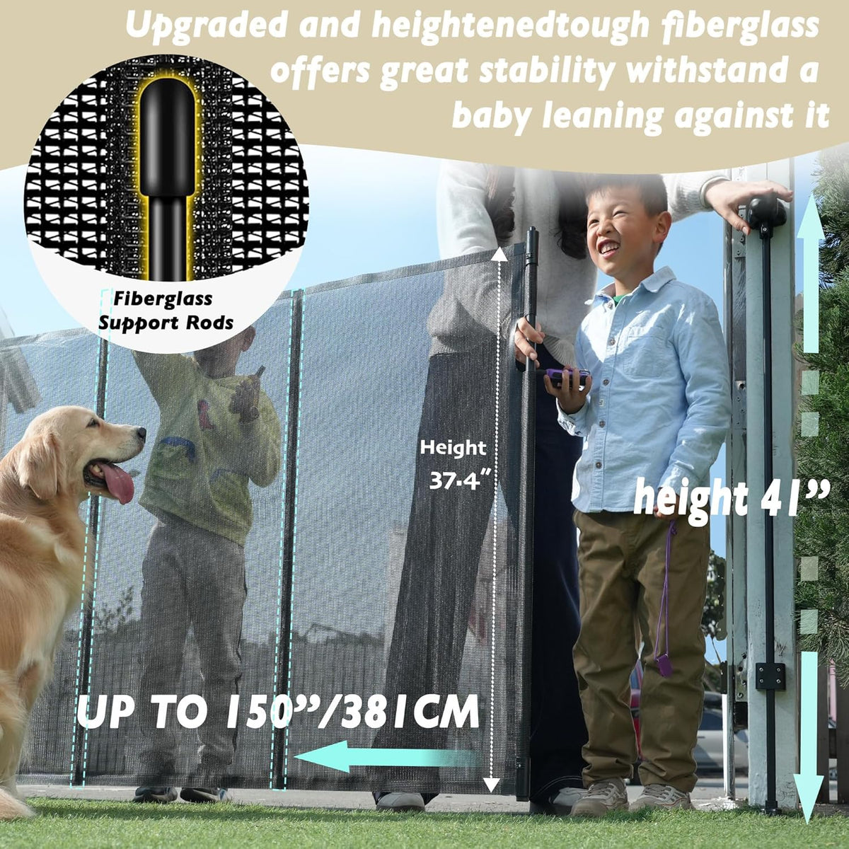 150" Extra Wide Retractable Baby Gates Dog Gate for Large Opening, 41" Extra Tall Mesh Pet Gate