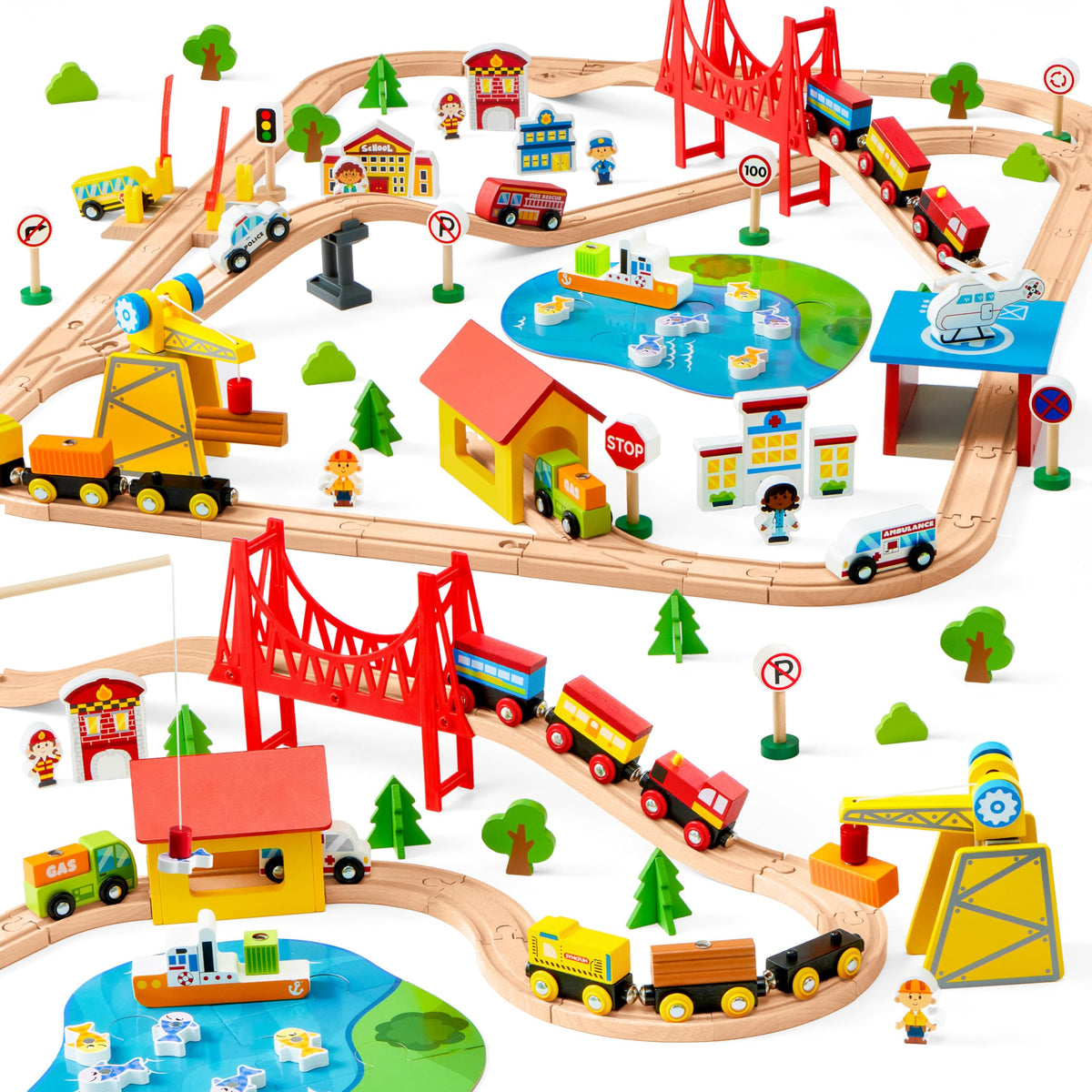 110PCS Wooden Train Set - Toy Magnetic Trains with Wooden Track Set for Kids Ages 3-8, City Scene