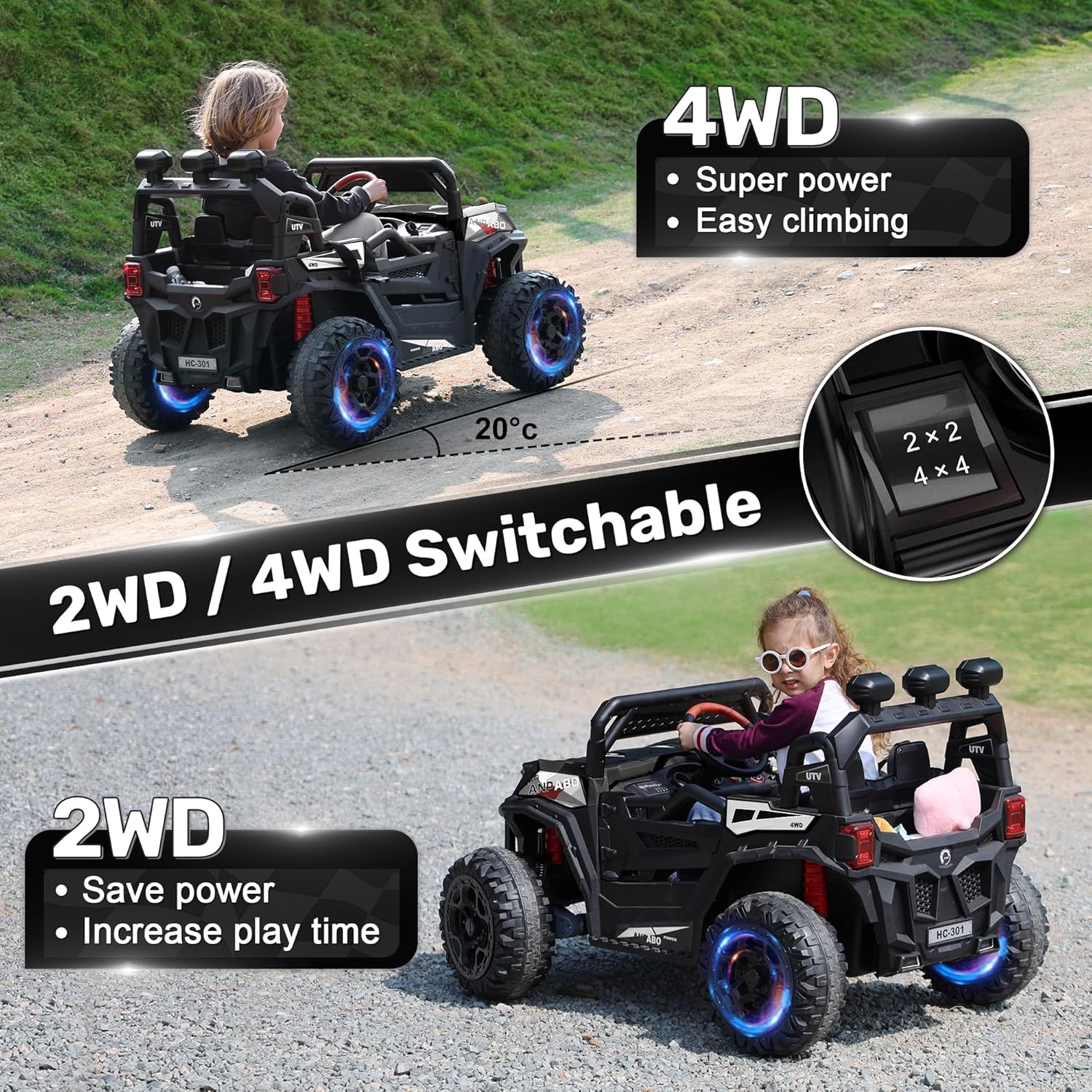 ANPABO 24V 4X4 Ride on Car Truck w/Remote Control, 4WD/2WD Switchable Kids UTV, 19" Spacious Seat