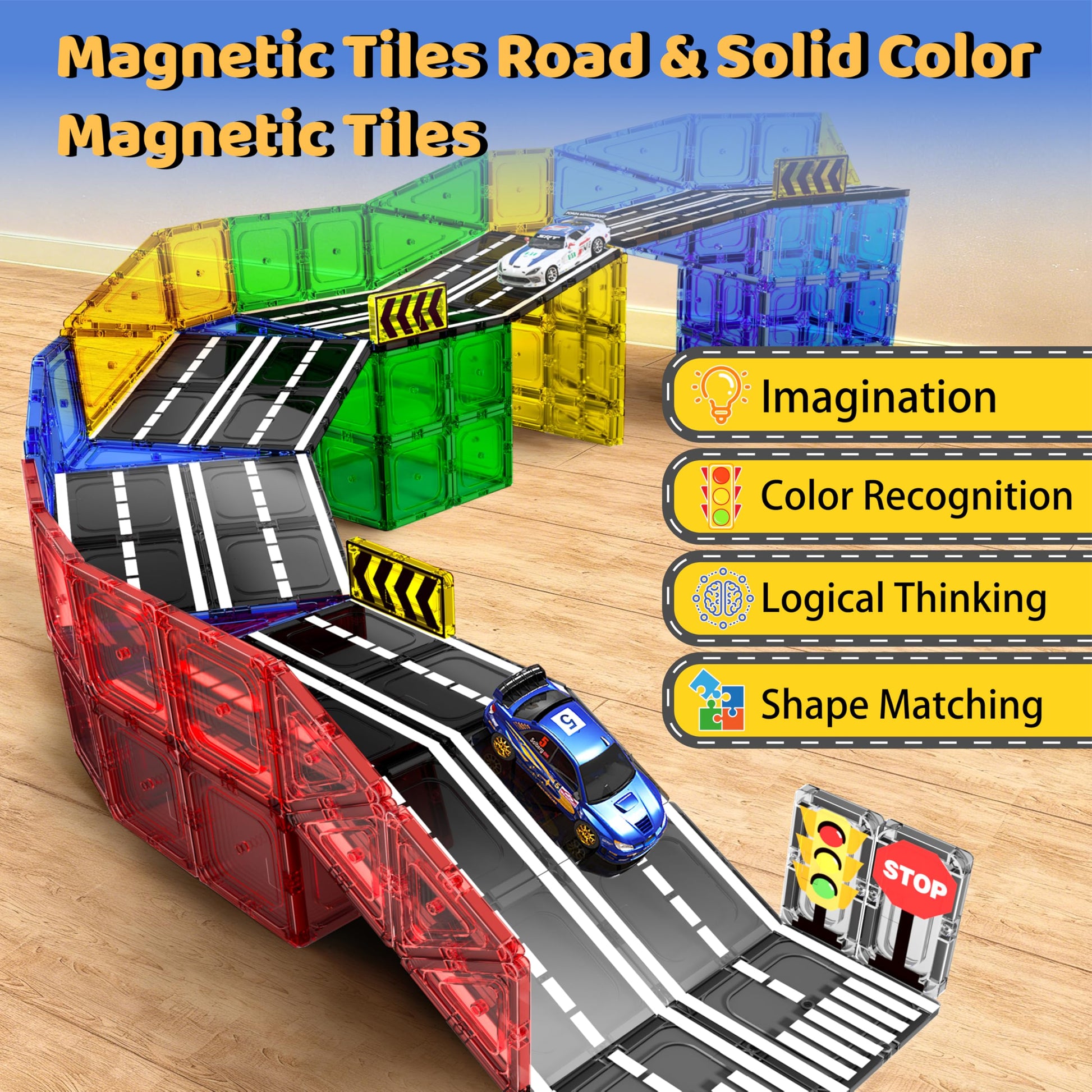 Magnetic Tiles - Road Set, Magnetic Building Blocks, Preschool Montessori Toys Gift for 3+ Year Old