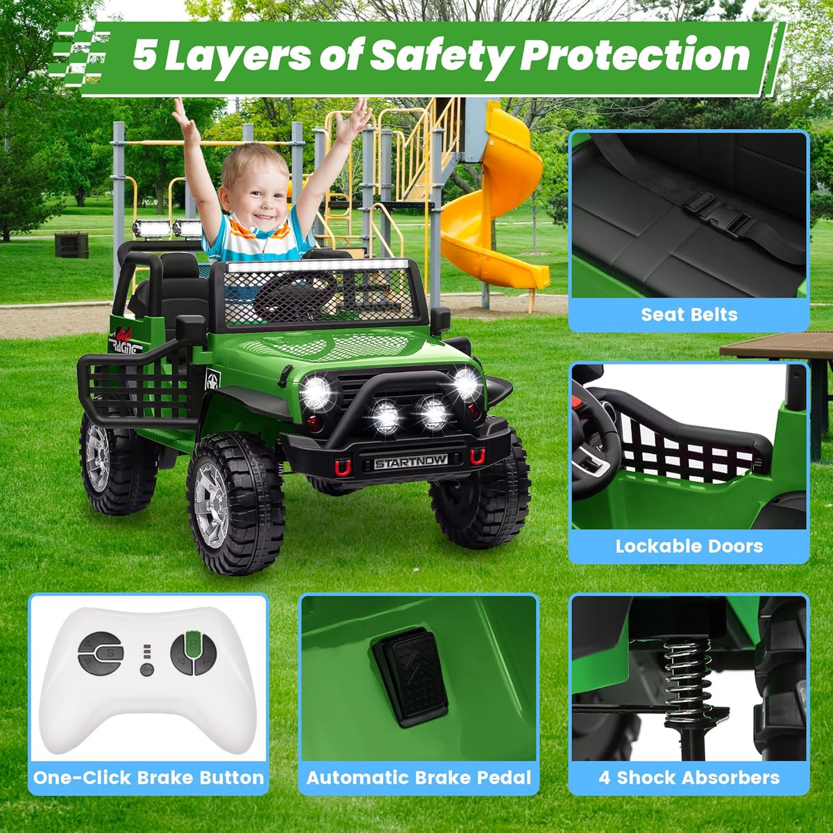 24V 4WD Ride on Truck Car w/800W Motors, Gift Flower, Remote Control, 2 Seaters, Light Bar, 3