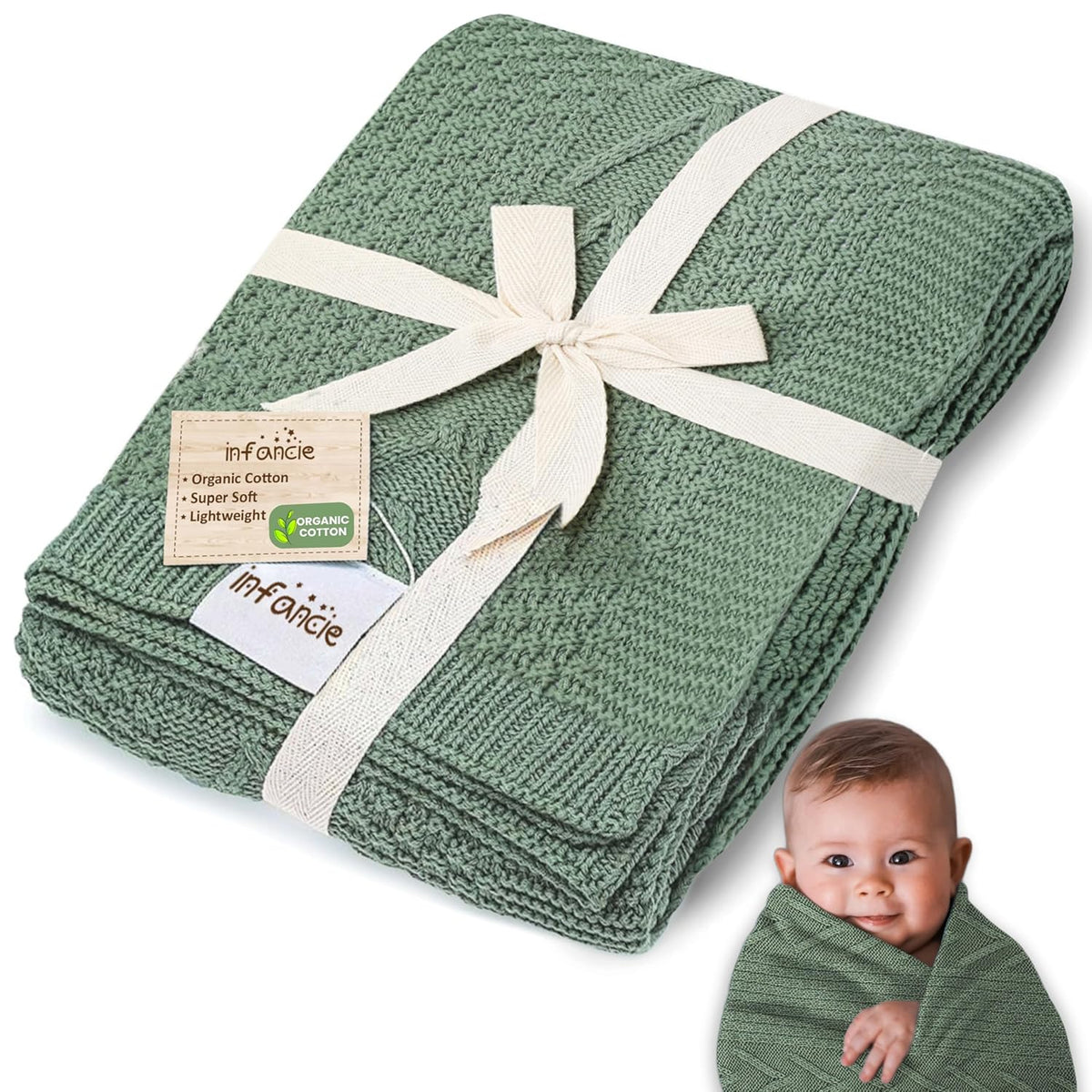 Organic Cotton Baby Blanket - 31.5 x 43.3 Inches, Soft Knitted Crib Blanket for Boys & Girls