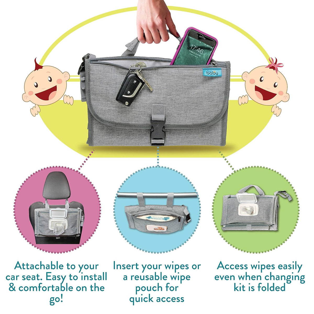 Kopi Baby Portable Diaper Changing Pad - Baby Diaper Changer Travel Bag with Wipes Pocket, Smart