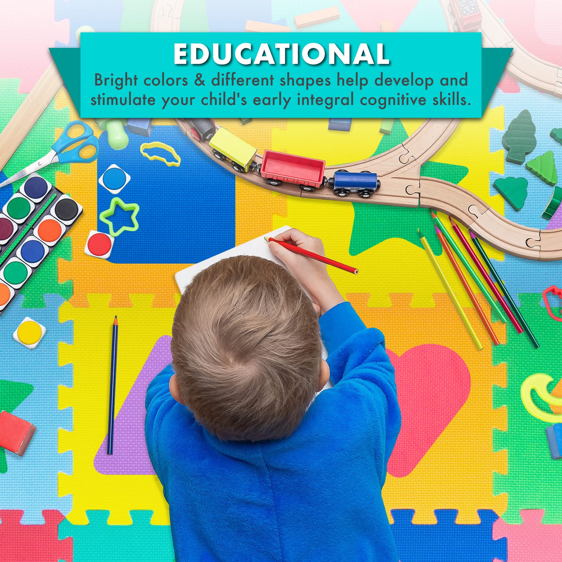 ProSource Kids Foam Puzzle Floor Play Mat with Shapes & Colors 36 Tiles, 12"x12" and 24 Borders