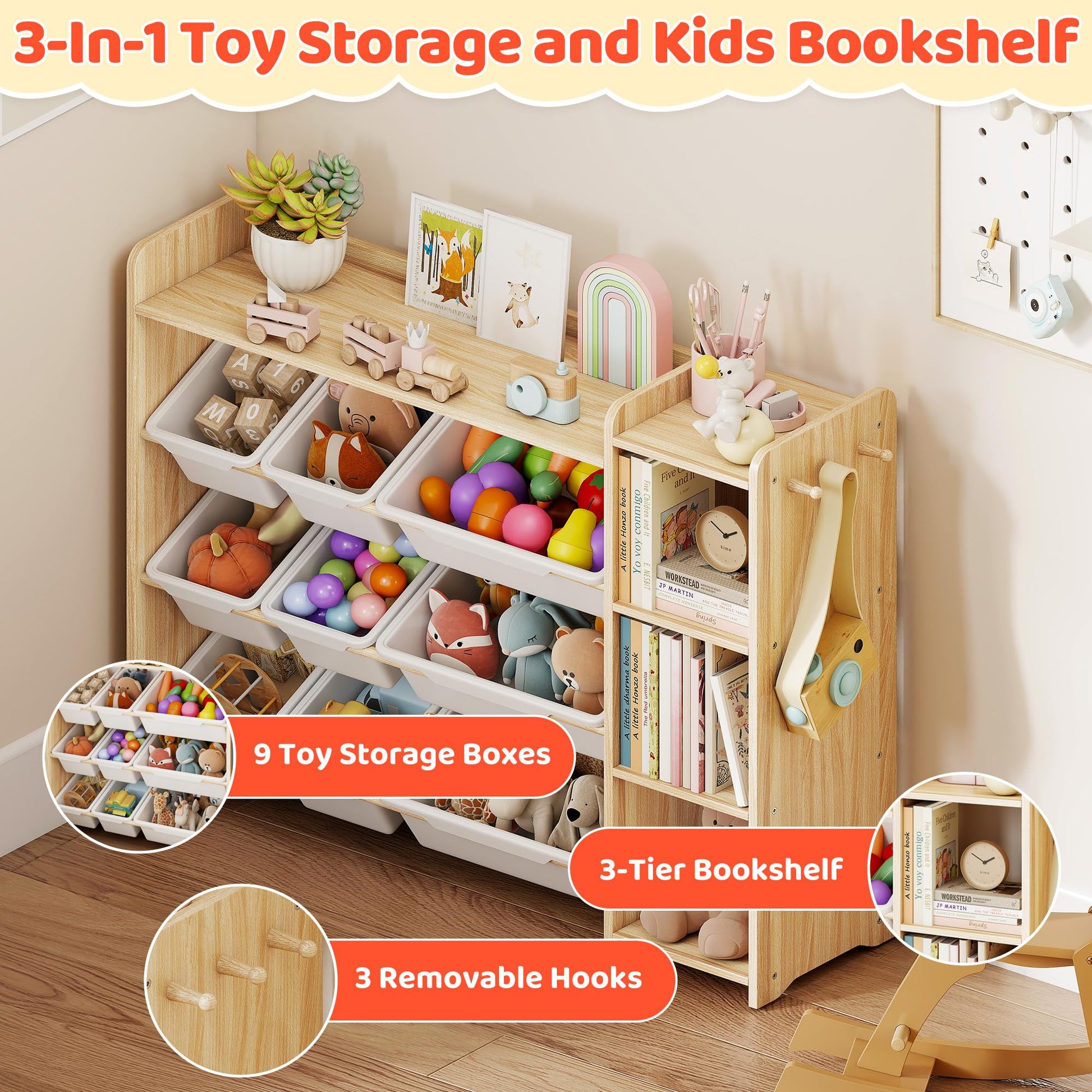 DOREROOM Toy Storage Organizer with Bookshelf, Kids Toy Storage and Organizers with 3 Shelves/9