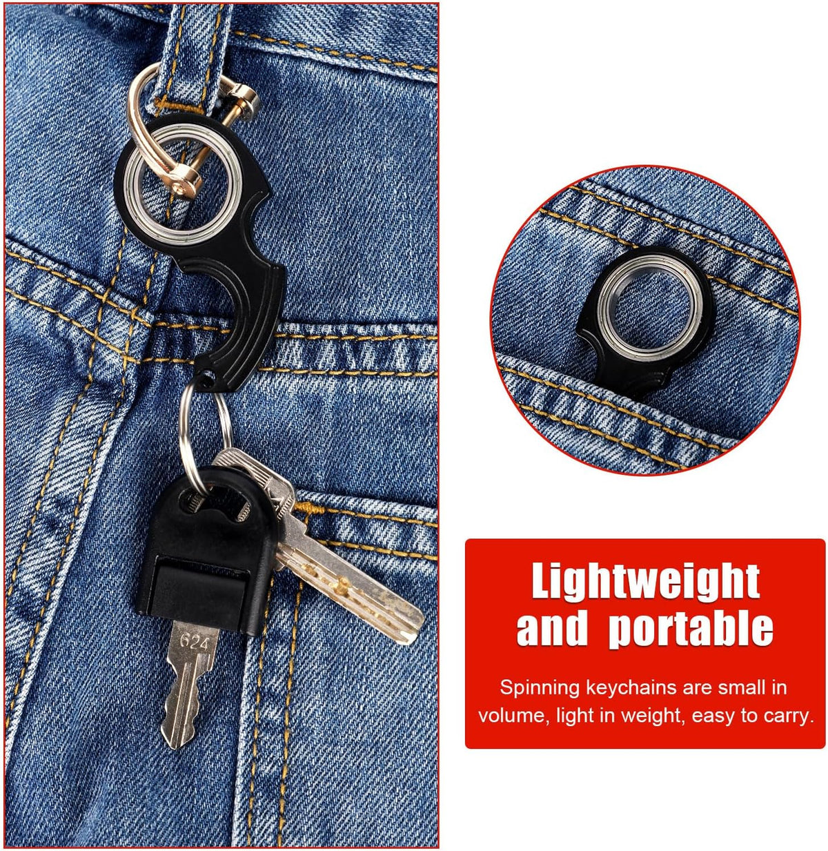2pcs Key Chain Spinner Toys 0.67" Inner Diameter with 2pcs Key Rings, Finger Fidget Keychain Key