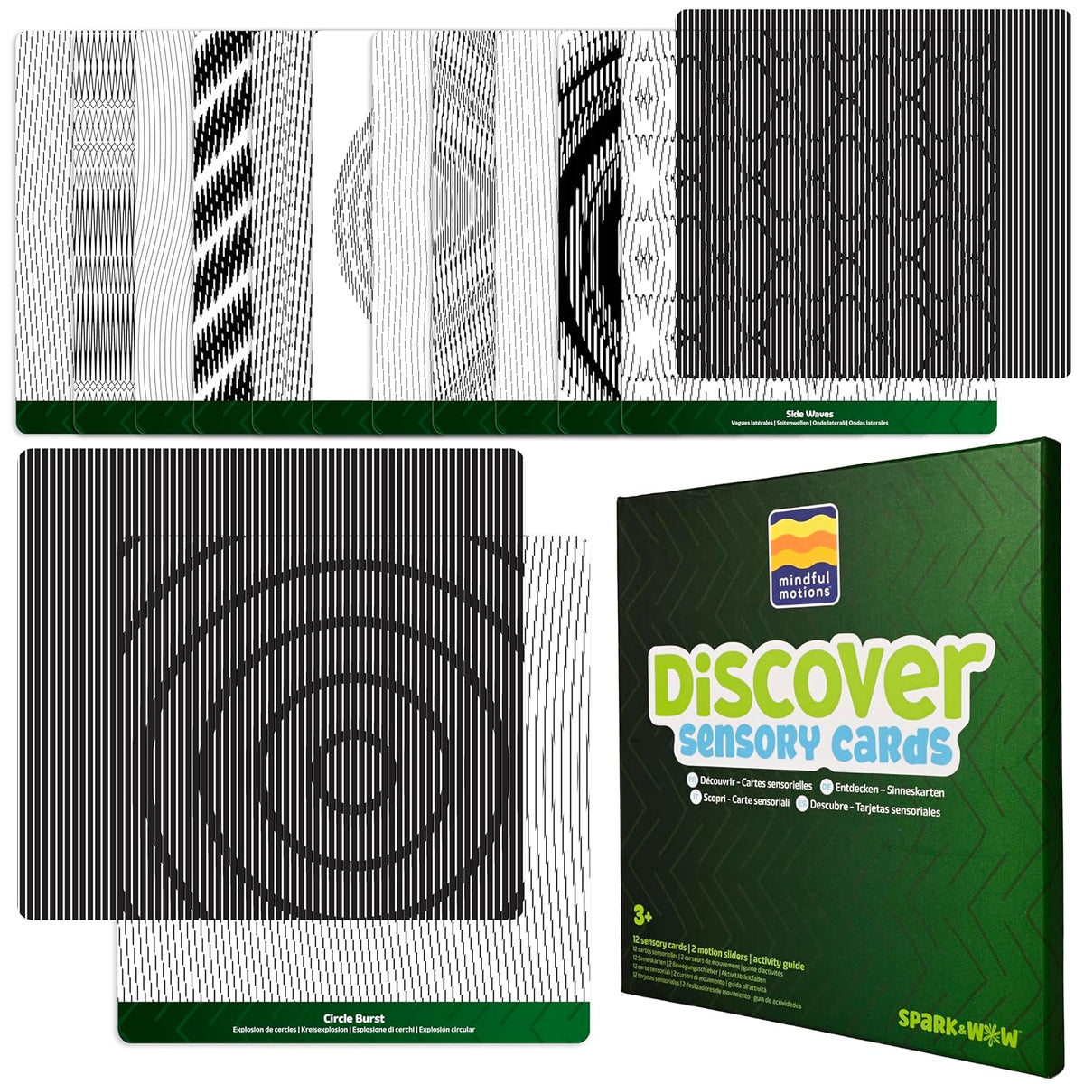 SPARK & WOW Sensory Cards | Discover | 12 Dynamic Patterns | 2 Sliders | Calming Corner Items for
