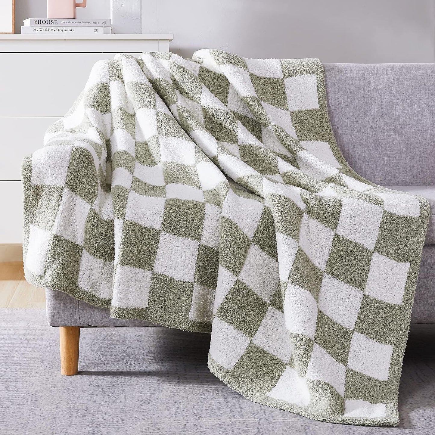 WRENSONGE Checkered Throw Blanket, Sage Green Soft Cozy Fluffy Hand Made Throw Blankets for Couch